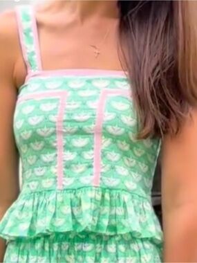 Women's Green Printed Ruffle Tank Top